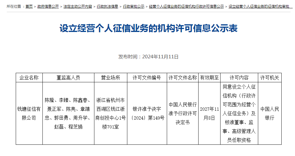 国内第三张个人征信牌照“花落”钱塘征信，蚂蚁集团为公司大股东